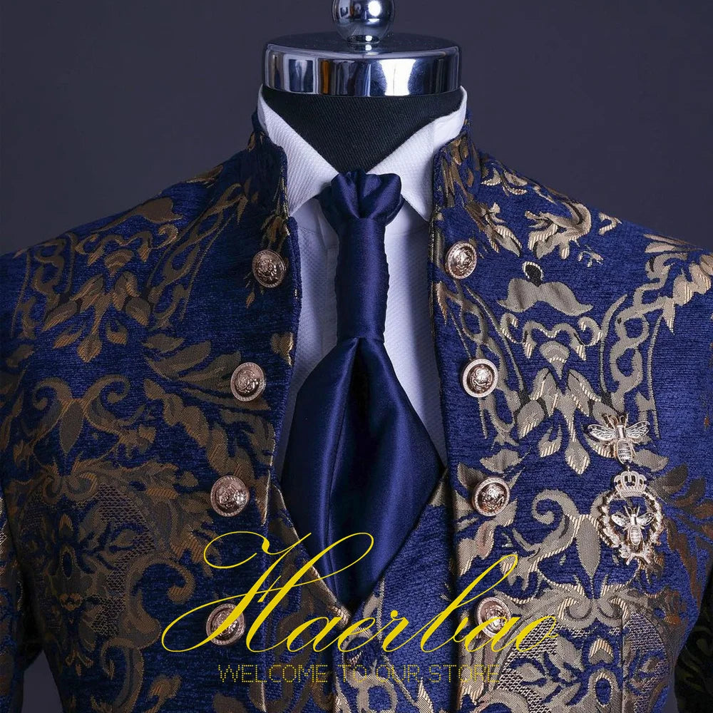 Men Suit Set Stand Collar Mens Wedding Suits Formal Groom Tuxedo Costume Handsome Blue Gold Floral Rim Stage