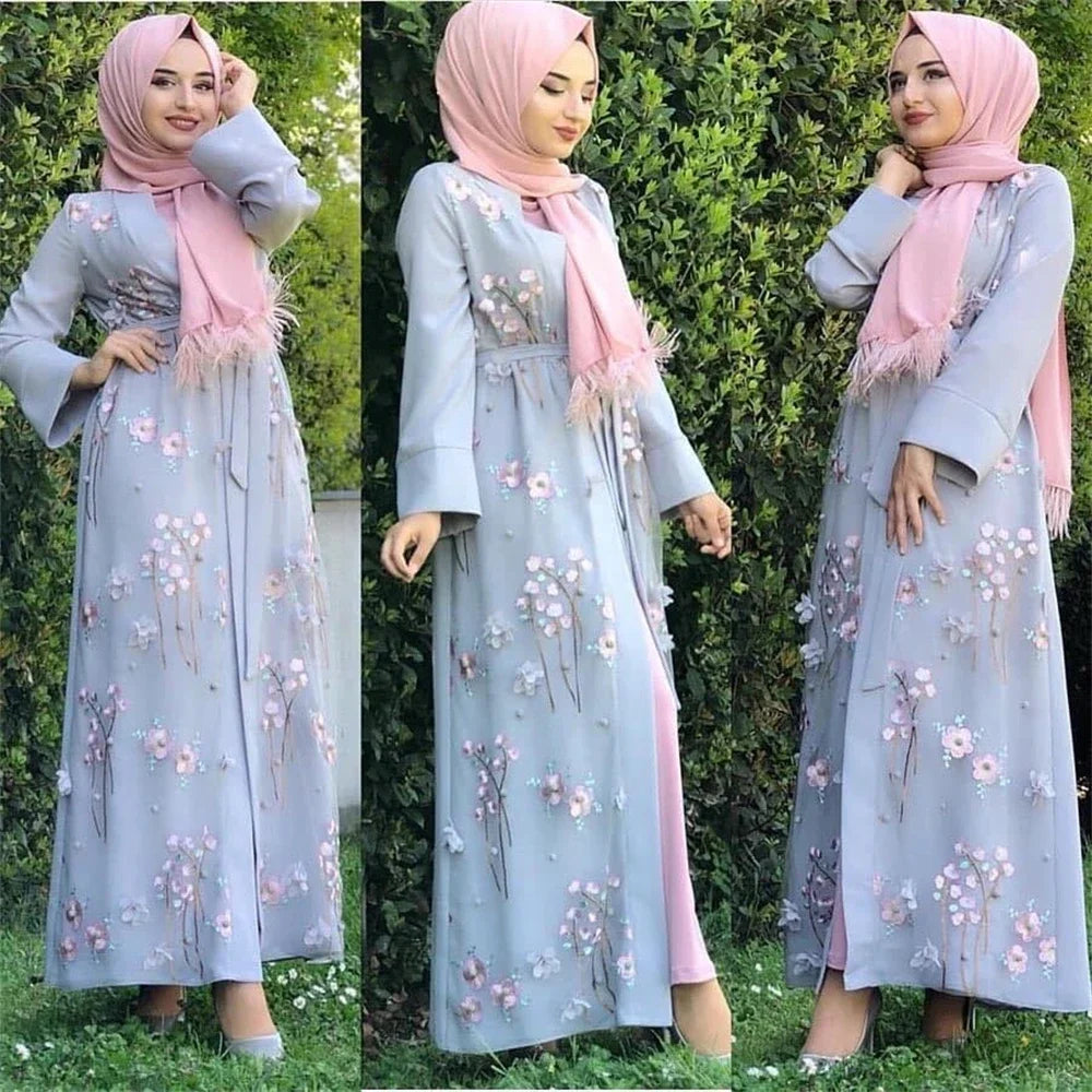 Muslim Women 3D Flower Embroidery Abaya Open Kimono Arab Robe Long Dress Islamic Kaftan Robe Party Evening Elegant Gown Autumn