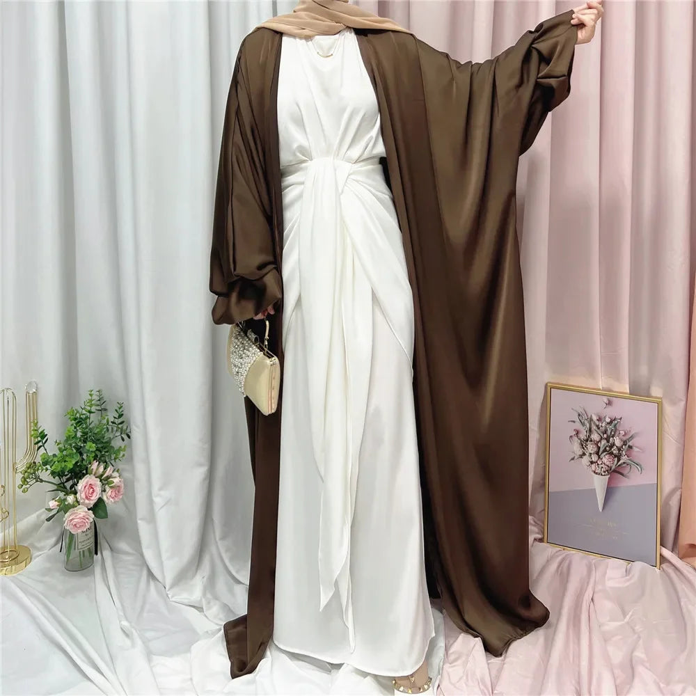 Satin Open Abaya Kimono Femme Musulmane Puff Sleeve Muslim Hijab Dress Islam Abayas for Women Dubai Kaftan Clothing