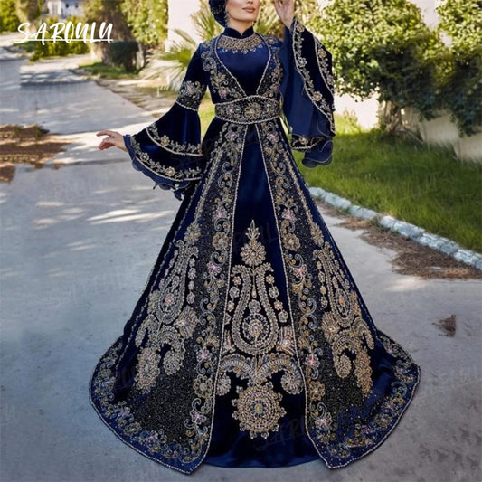 Luxury Islamic Muslim Wedding Kaftan Party Dress Customized Long Flare Sleeves Prom Evening Gown  فساتين السهرة Vestidos De Gala