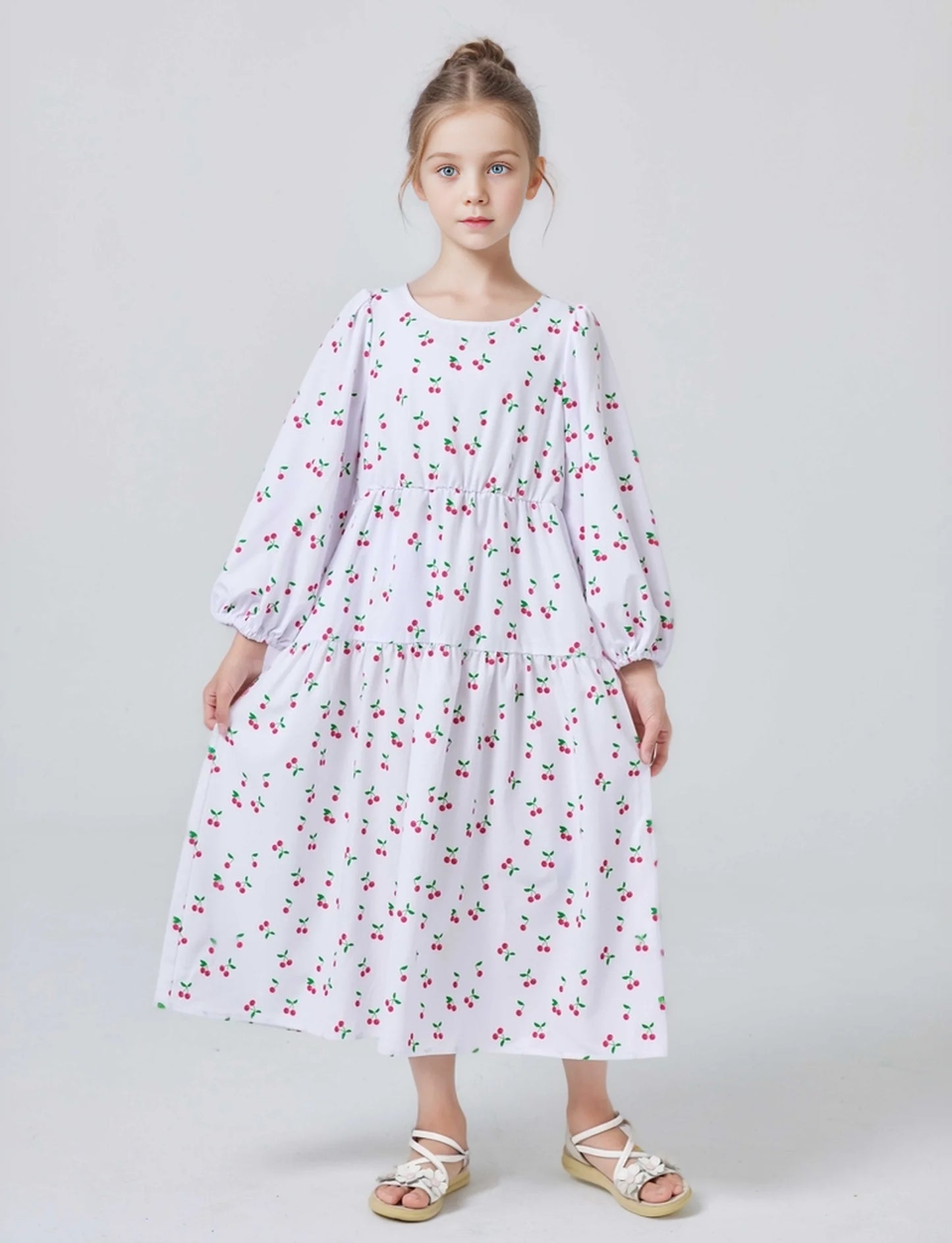 Girls Abaya Long Sleeve Kebaya Allover Cherries Pattern Dress For Spring & Fall Daily Wear