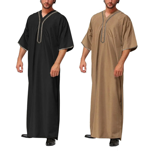 Muslim Men Jubba Thobe Solid Color Button Kimono Middle Robe