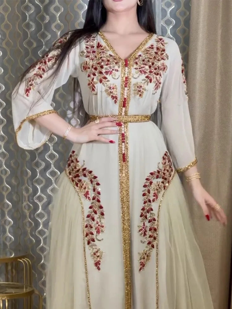 India Turkey Muslim Abaya Dresses Women Wedding Evening Party Dress Elegant Lace Embroidery Belted  Abaya Morocco Caftan