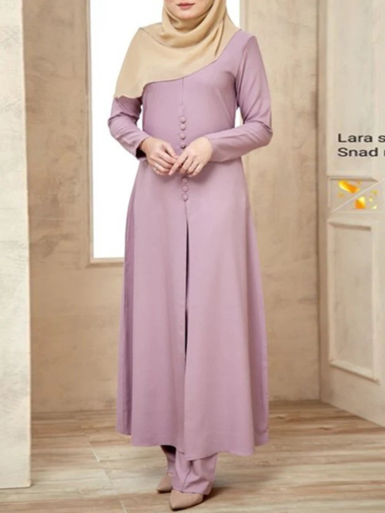 Muslim Abaya Dress Set 2 Piece Women Long Dress Arab Turkey Dubai Split O Neck Long Sleeve Top Eid Ramadan Islamic Ropa Pant Set