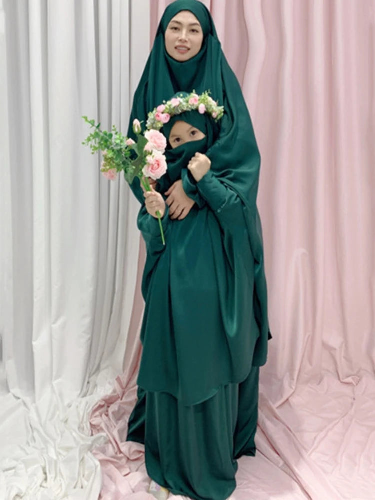 Two Piece Set Prayer Garment Dress Muslim Women Mommy Kids Girls Family Matching Sets Abaya  Long Khimar Musulman Skirt jilbab