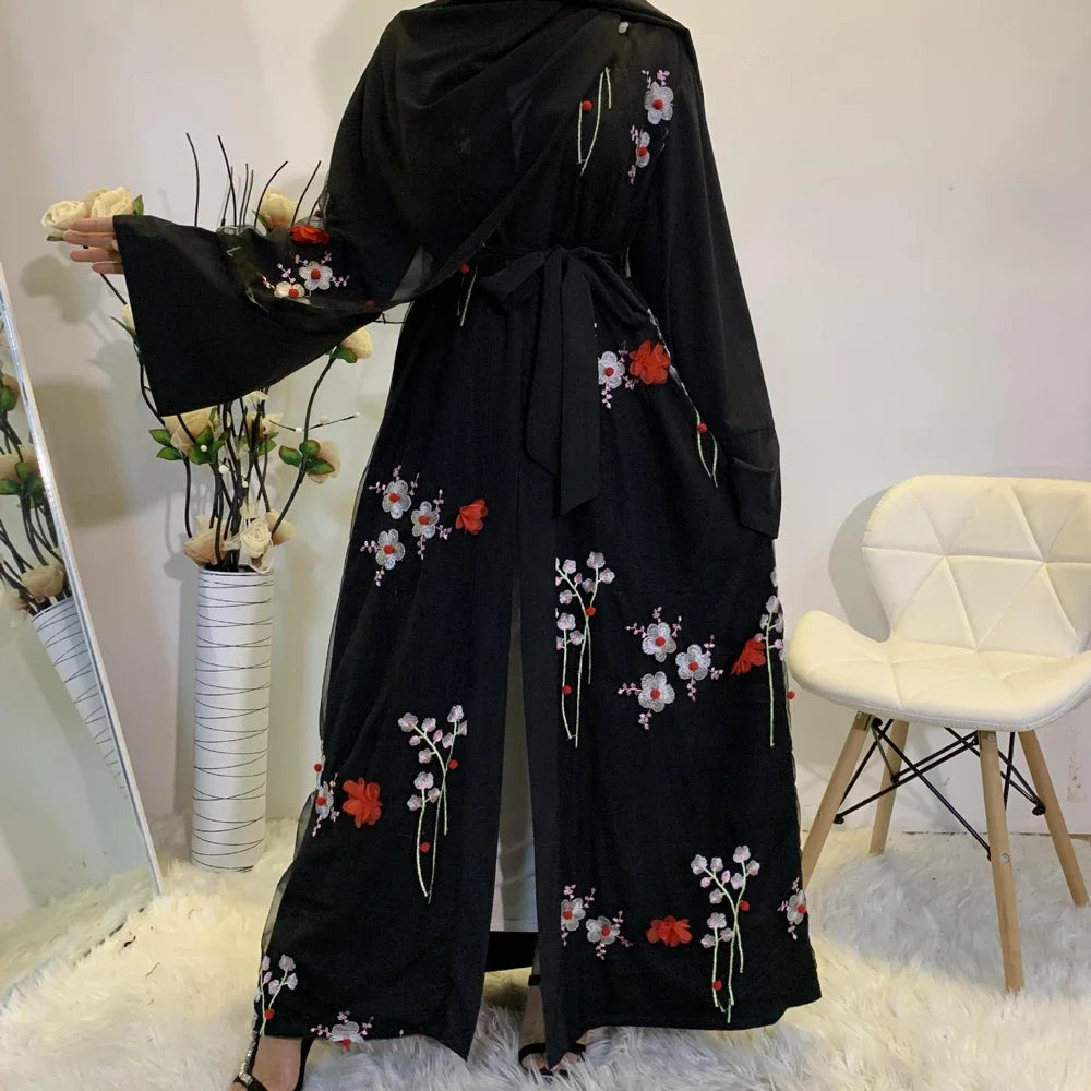 Muslim Women 3D Flower Embroidery Abaya Open Kimono Arab Robe Long Dress Islamic Kaftan Robe Party Evening Elegant Gown Autumn