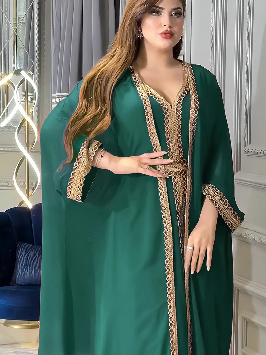 2024 Abayas for Women Dubai Elegant Muslim Women Dress 2 Piece Set Chiffon Long Sleeve Kaftan Plus Size Party Robes Outfits