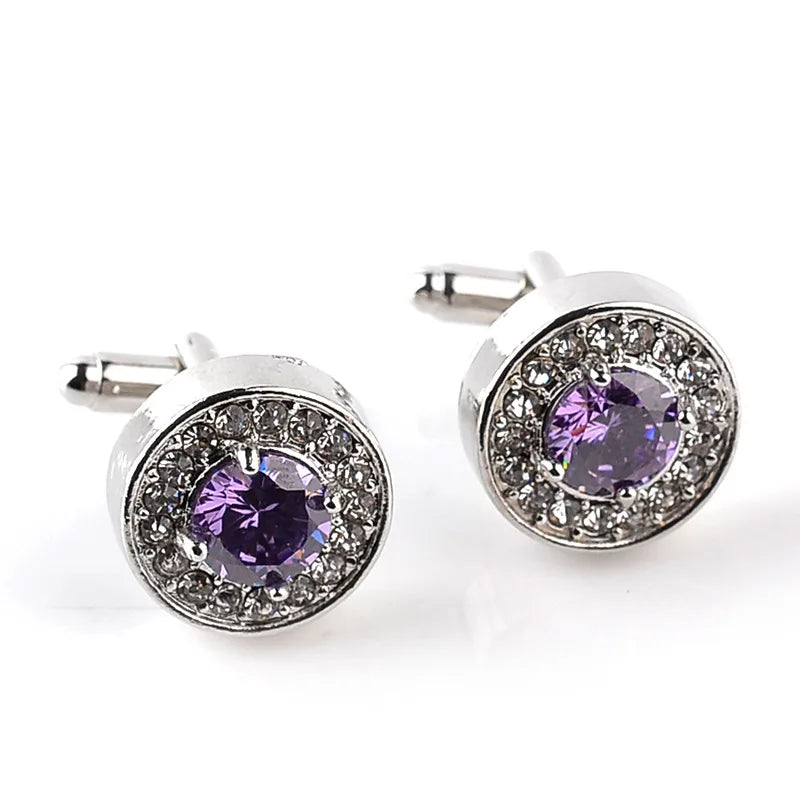 Luxury High-grade jewelry Men's White Purple Enamel Crystal Cufflinks Round Wedding Party Cufflink French shirt Cuff Buttons