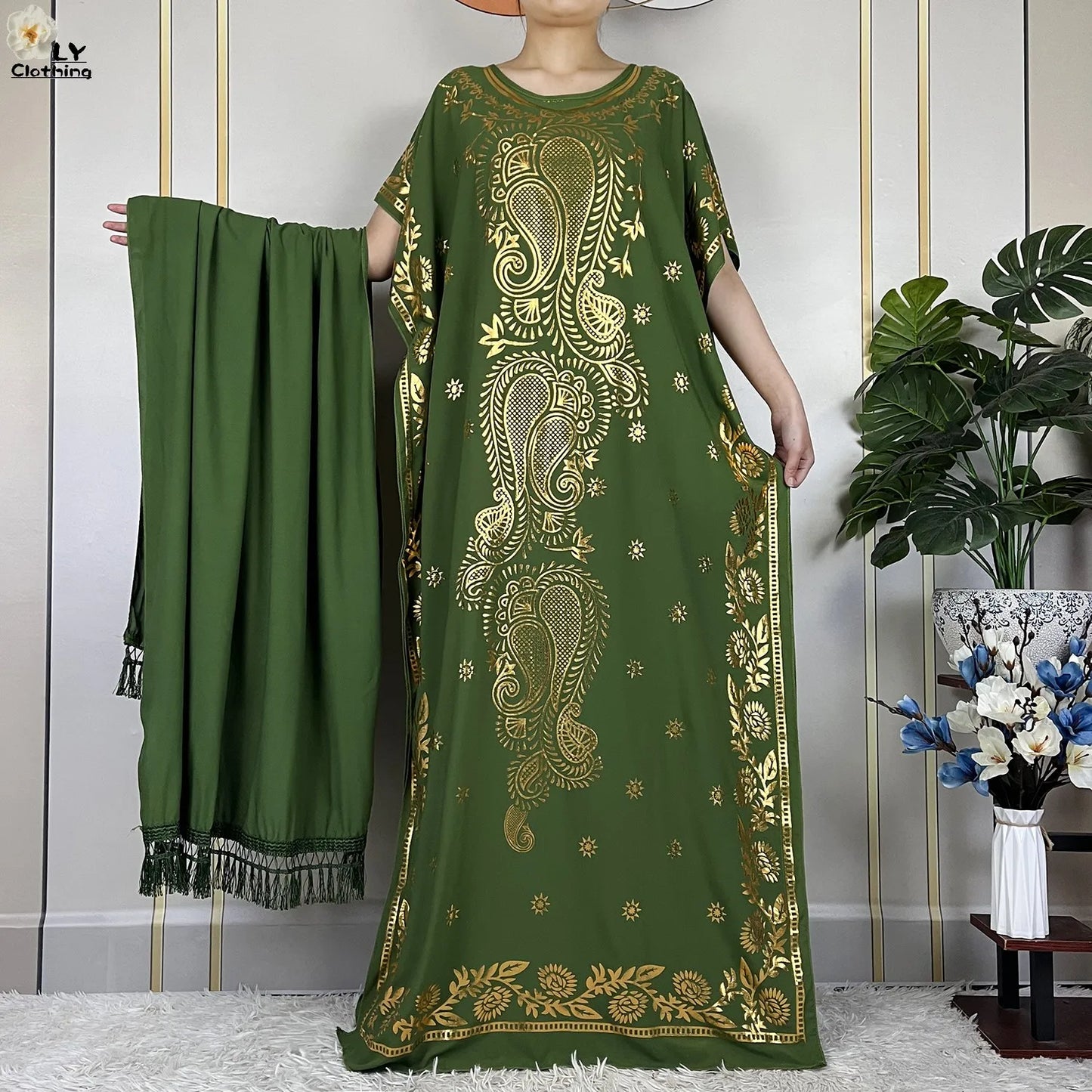 New Summer Woman Short Sleeve Loose Dress Gold Stamping African Abaya