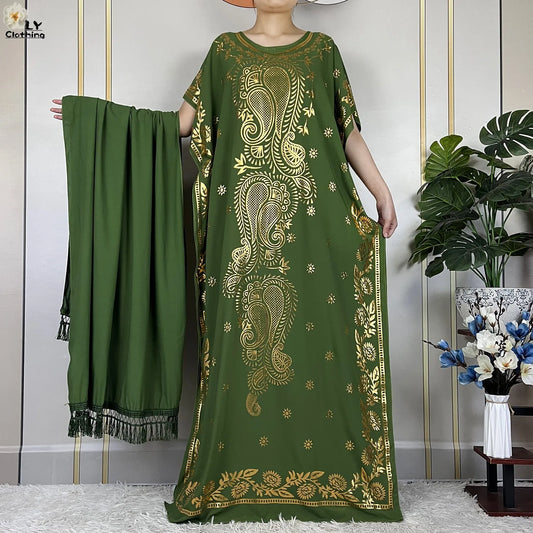 New Summer Woman Short Sleeve Loose Dress Gold Stamping African Abaya