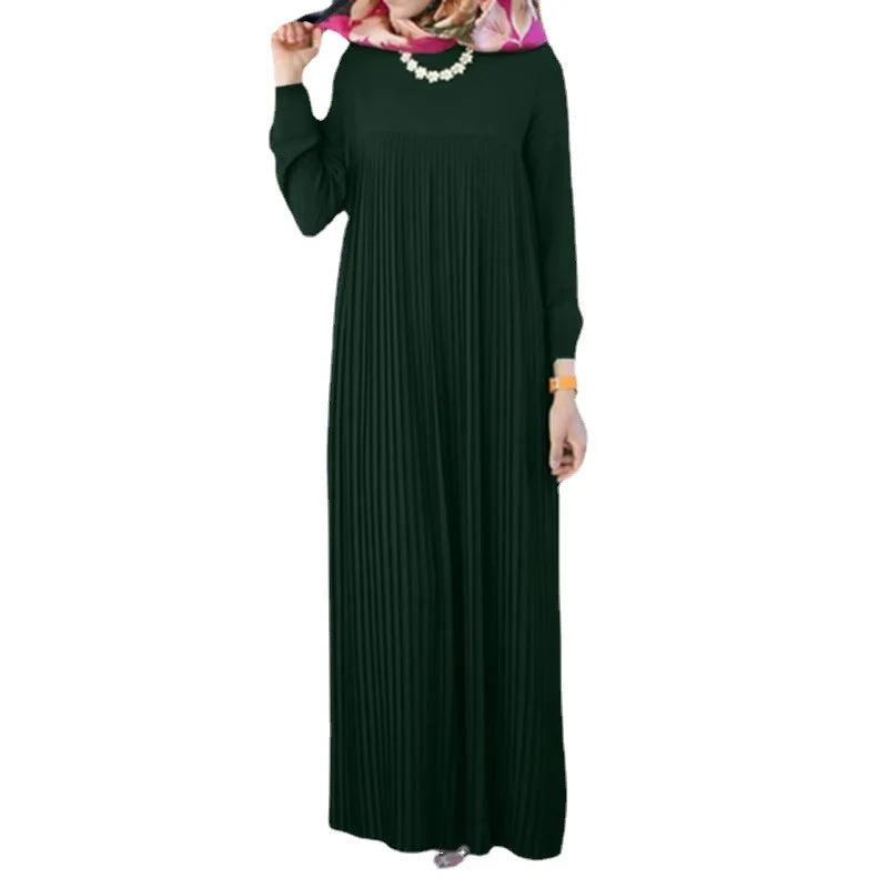 Muslim women's clothing, Arabic style fashion, elegant pleated skirt, solid color round neck long sleeved pleated dress