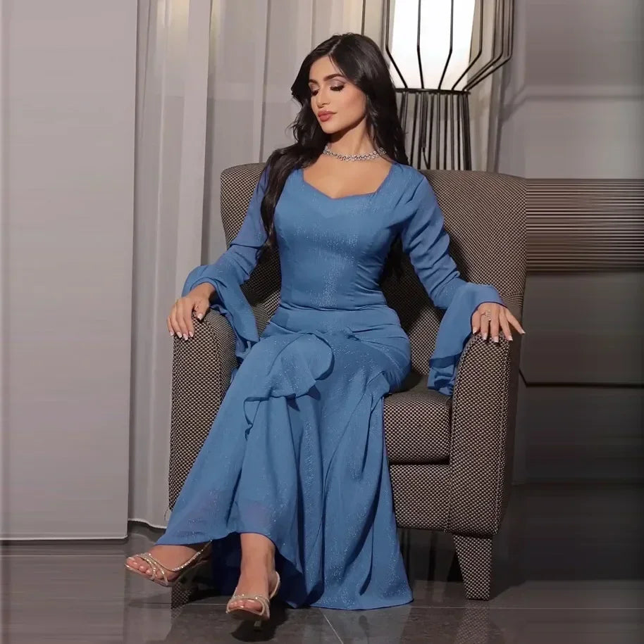 Shiny Plain Abaya Dubai Modest Muslim Party Dress for Women Blue Abayas Jalabiya Evening Dresses Islamic