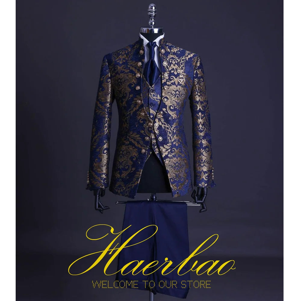 Men Suit Set Stand Collar Mens Wedding Suits Formal Groom Tuxedo Costume Handsome Blue Gold Floral Rim Stage