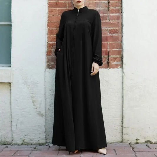 Women Muslim Abaya with Zipper Front Dubai Jalabiya Dress Bubble Sleeve Casual Stand Collar Kaftan Dresse