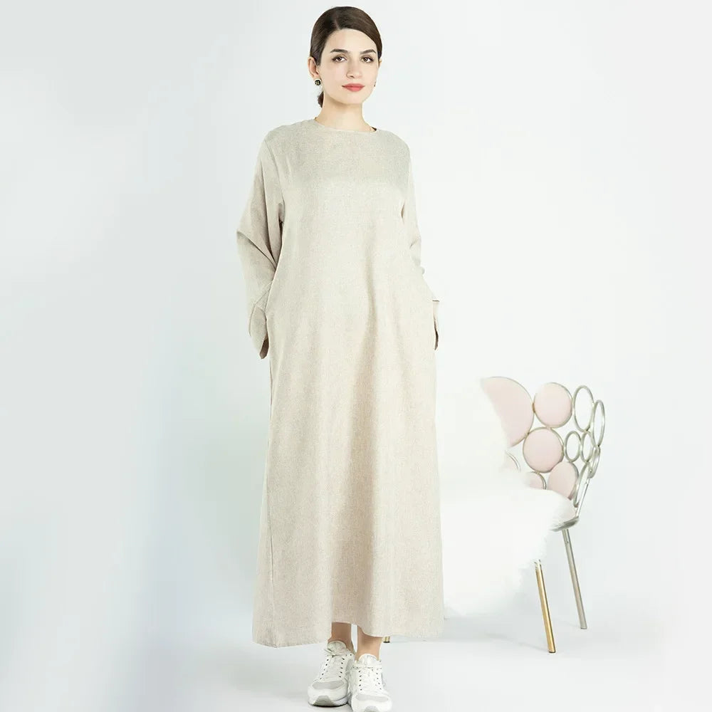 Cotton Linen Abaya Closed Muslim Dress Turkey Loose Casual Abayas Dubai African Dresses for Women Kaftan Robe Islam Clothing