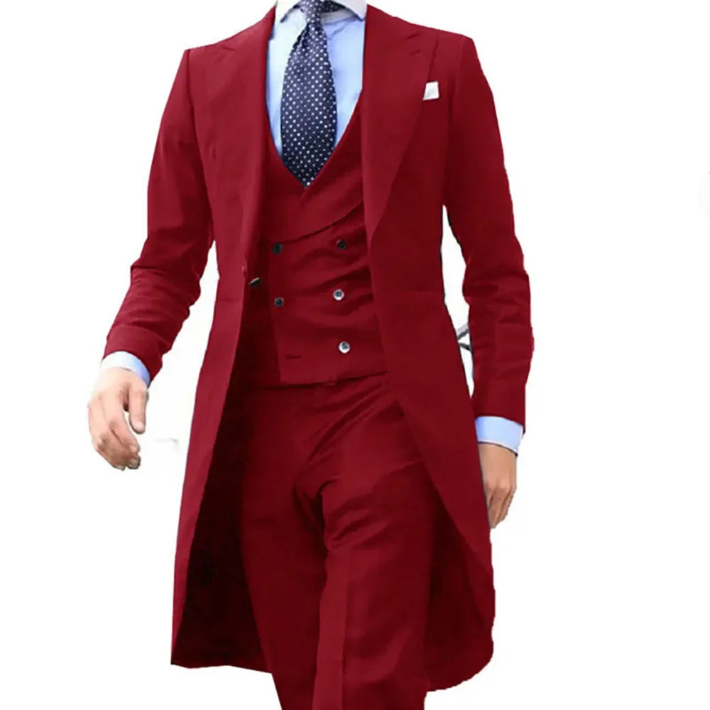 Long Coat Designs Formal Men Suits Gentle Male Set Wedding Tuxedo Prom Blazer Custom Fashion 3 Pieces (Jacket+vest+Pants)