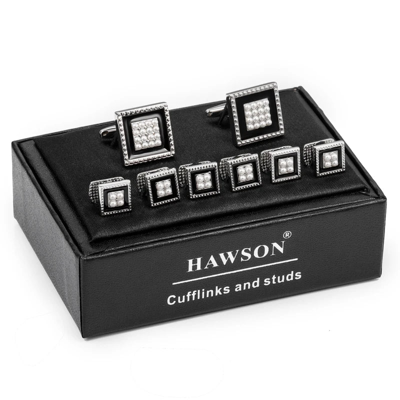 HAWSON Fashion Square Cufflink and Studs Set for Men Elegant Jewelry Cuff Button Inlaied Pearl Best Gifts with HAWSON LOGO