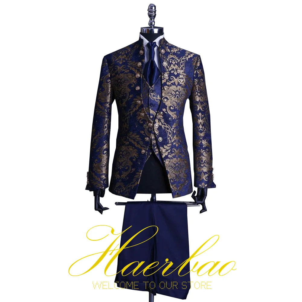 Men Suit Set Stand Collar Mens Wedding Suits Formal Groom Tuxedo Costume Handsome Blue Gold Floral Rim Stage