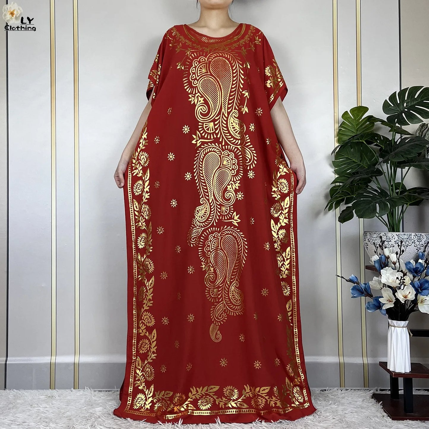 New Summer Woman Short Sleeve Loose Dress Gold Stamping African Abaya