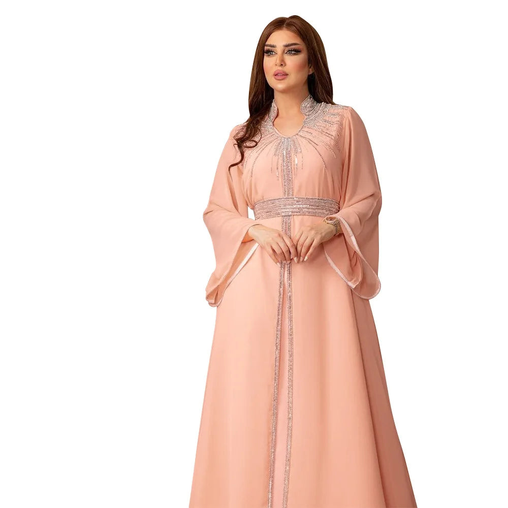 Middle East Kaftan Muslim Fashion Hot Diamond Chiffon Dress with Belt, Jalabiya, Dubai, Islam, Turkey