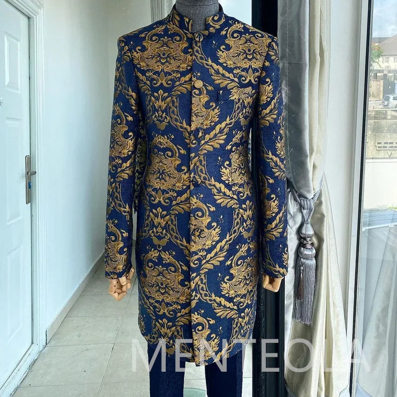 Elegant Floral Suits For Men Jacquard Long Jacket Pants With Stand Collar 2 Piece Wedding Tuxedo For Grooms Indian Fashion
