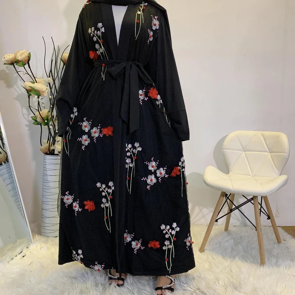 Muslim Women 3D Flower Embroidery Abaya Open Kimono Arab Robe Long Dress Islamic Kaftan Robe Party Evening Elegant Gown Autumn