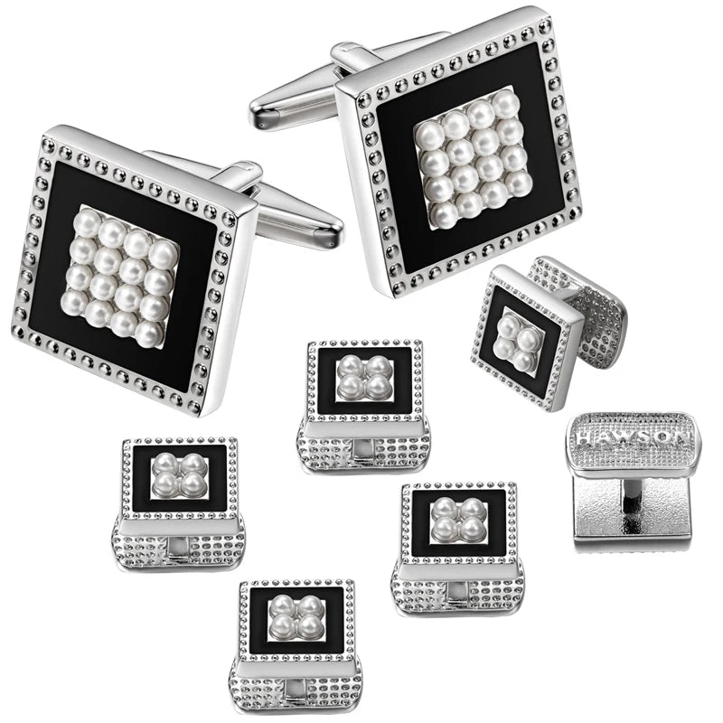 HAWSON Fashion Square Cufflink and Studs Set for Men Elegant Jewelry Cuff Button Inlaied Pearl Best Gifts with HAWSON LOGO