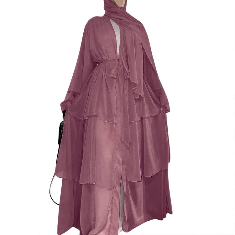 Robe Femme Musulmane Fashion Stitching Three-layer Chiffon Elegant Cardigan Dress Gown Abayas for Women Dubai Open Abaya Kimono