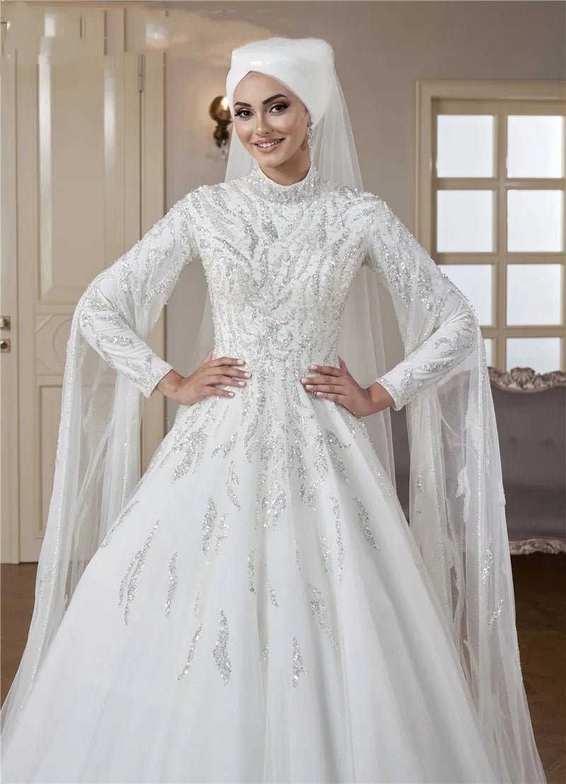 Muslim Wedding Dress High Neck Luxury Beaded Islamic Hijab Bridal Gow