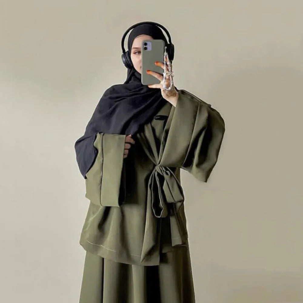 Muslim Abaya Suit for Elegant Women Matching Sets Fashion Long Shirt Tops & Skirt Ramadan Islam Outfits Urban Tracksuits Casual