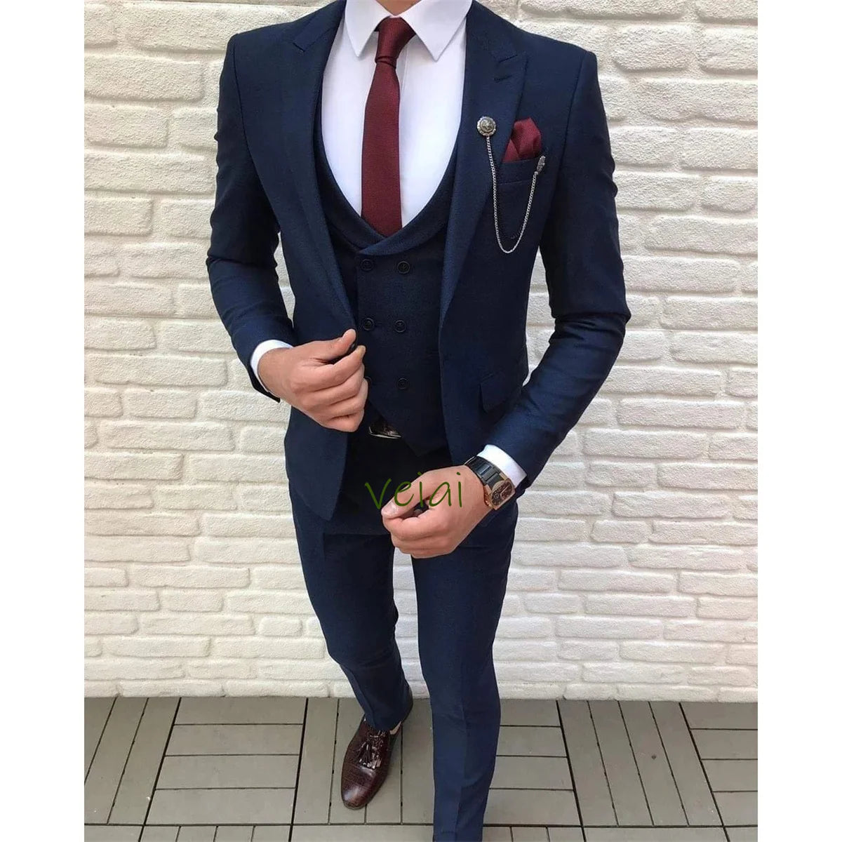 Tailor Made Peak Lapel Navy Blue One Button Suit Men