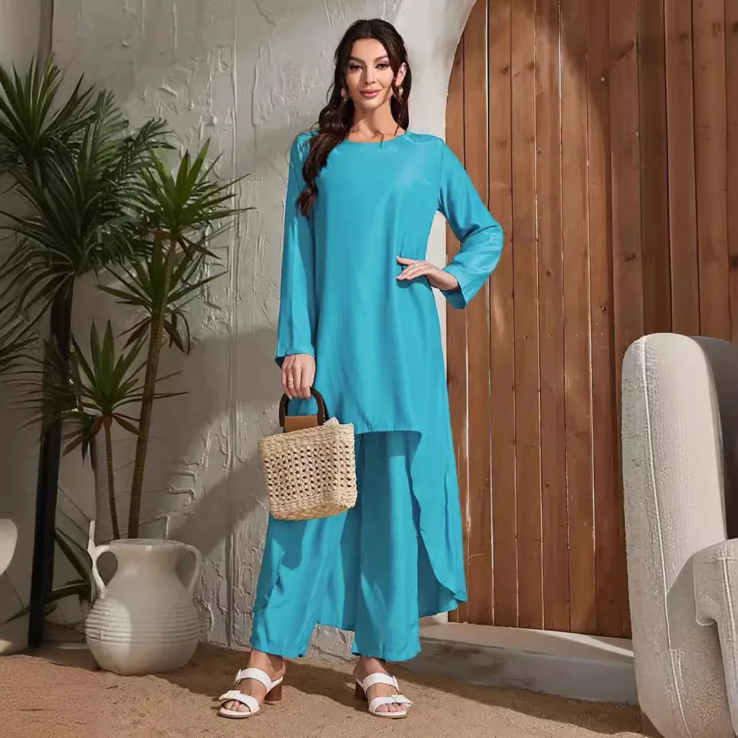 Women's Muslim Two Piece Set Fashion Elegant Solid Colour Irregular Long Dress Top Wide Leg Pants Robe