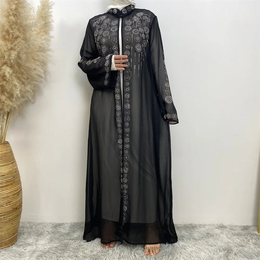 Dubai Open Abaya Muslim Women Hijab Dress, Pearl Chiffon Kimono, Jilbab, Turkey Kaftan Robe, Party Gown, Ramadan Cardigan