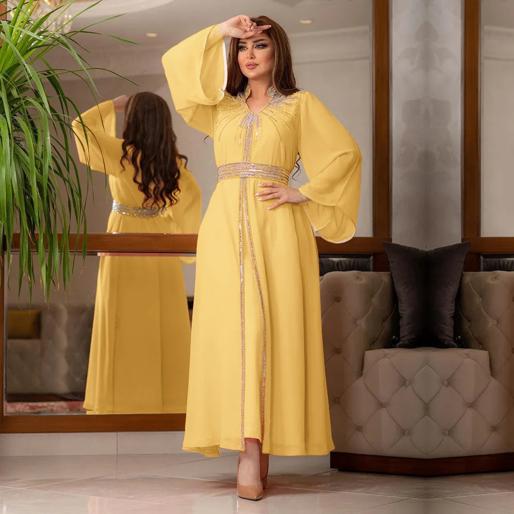 Middle East Kaftan Muslim Fashion Hot Diamond Chiffon Dress with Belt, Jalabiya, Dubai, Islam, Turkey