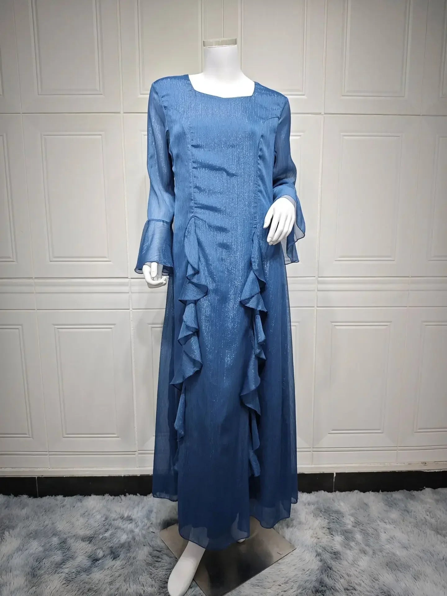 Shiny Plain Abaya Dubai Modest Muslim Party Dress for Women Blue Abayas Jalabiya Evening Dresses Islamic