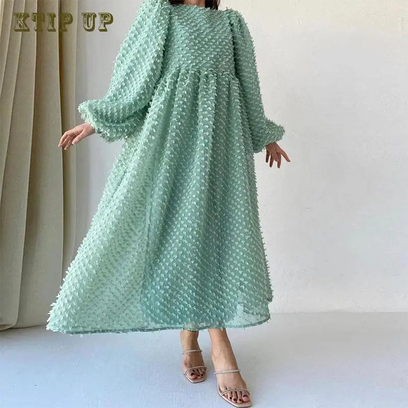 Middle East Saudi Arabia Morocco New Solid Round Neck Lantern Long Sleeve Fashion Dubai Islamic Swing Malaysia Dress Women Abaya