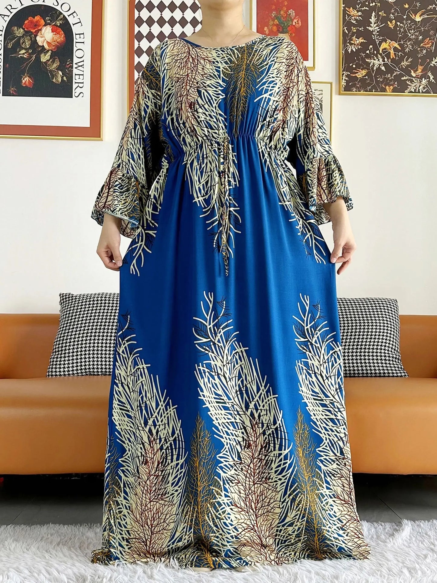 New Women Long Sleeve Dashiki Dress African Woman Print Turban Kaftan Abaya Ramadan Eid Muslim Hijab Dresses Femme Arabia Amira