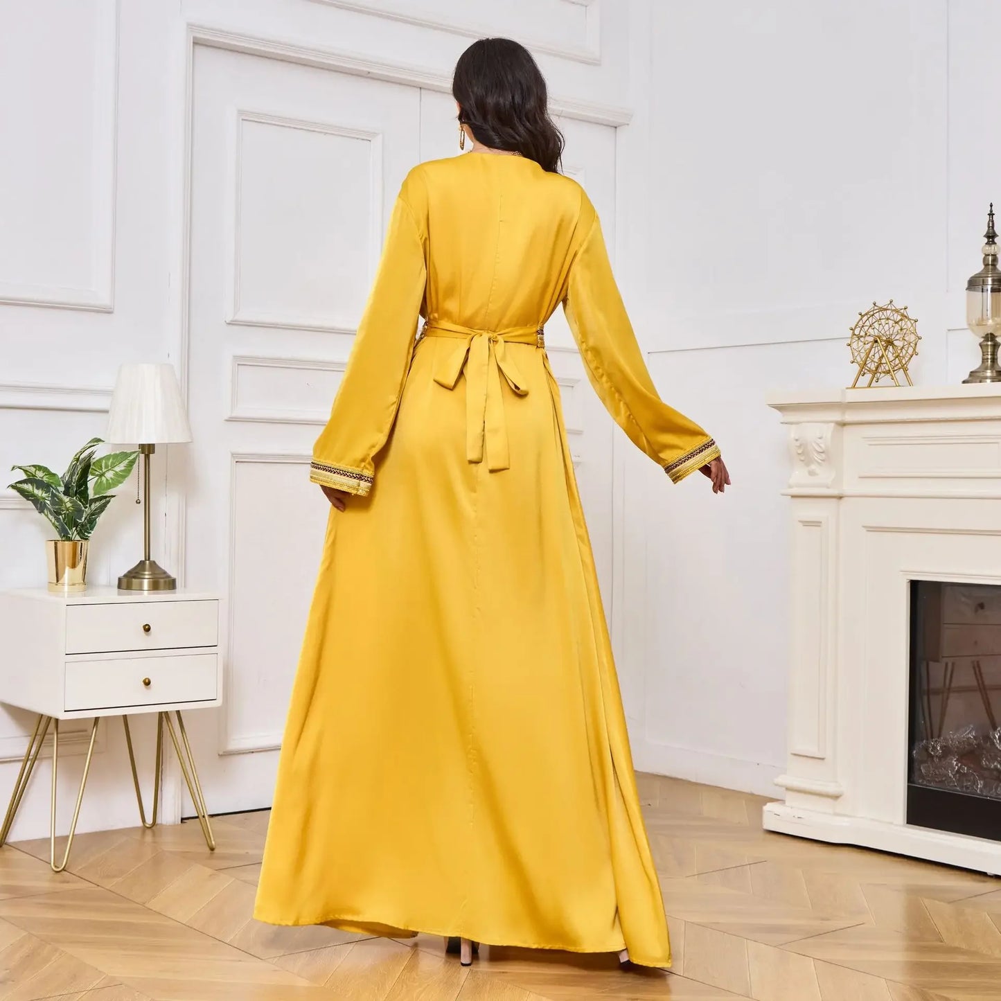 Split Party Yellow Dress Muslim Abaya for Women Arabia Long Sleeve