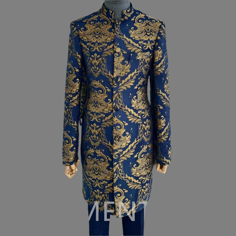 Elegant Floral Suits For Men Jacquard Long Jacket Pants With Stand Collar 2 Piece Wedding Tuxedo For Grooms Indian Fashion
