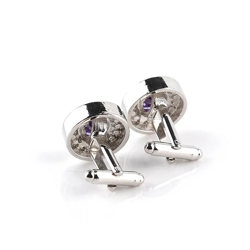 Luxury High-grade jewelry Men's White Purple Enamel Crystal Cufflinks Round Wedding Party Cufflink French shirt Cuff Buttons