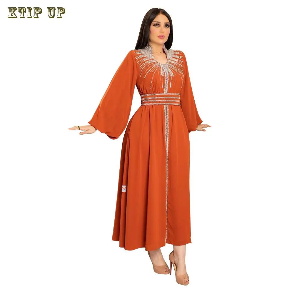 Middle East Kaftan Muslim Fashion Hot Diamond Chiffon Dress with Belt, Jalabiya, Dubai, Islam, Turkey