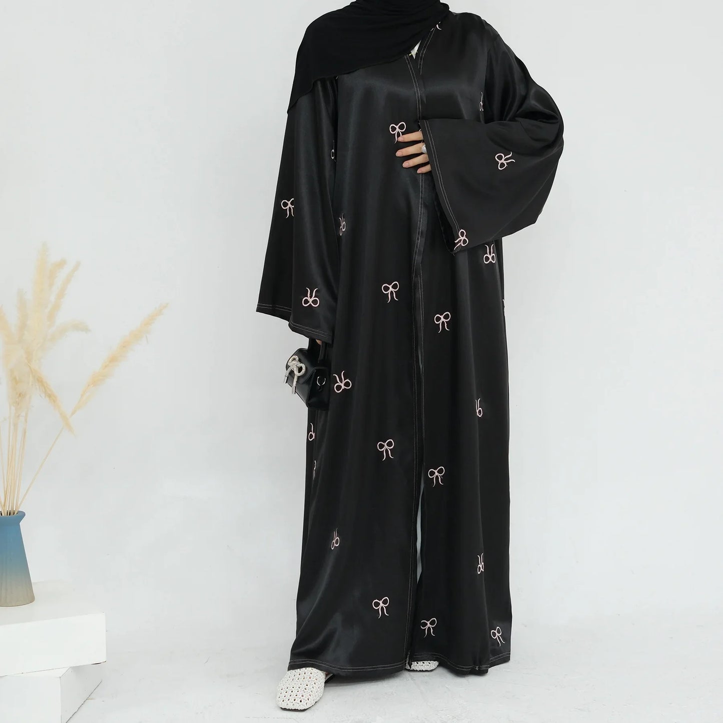 Ramadan Bow Embroidery Kimono Abaya Dubai Luxury Muslim Dress Open Abayas for Women Turkey Islamic Clothing Kaftan Hijab Robe