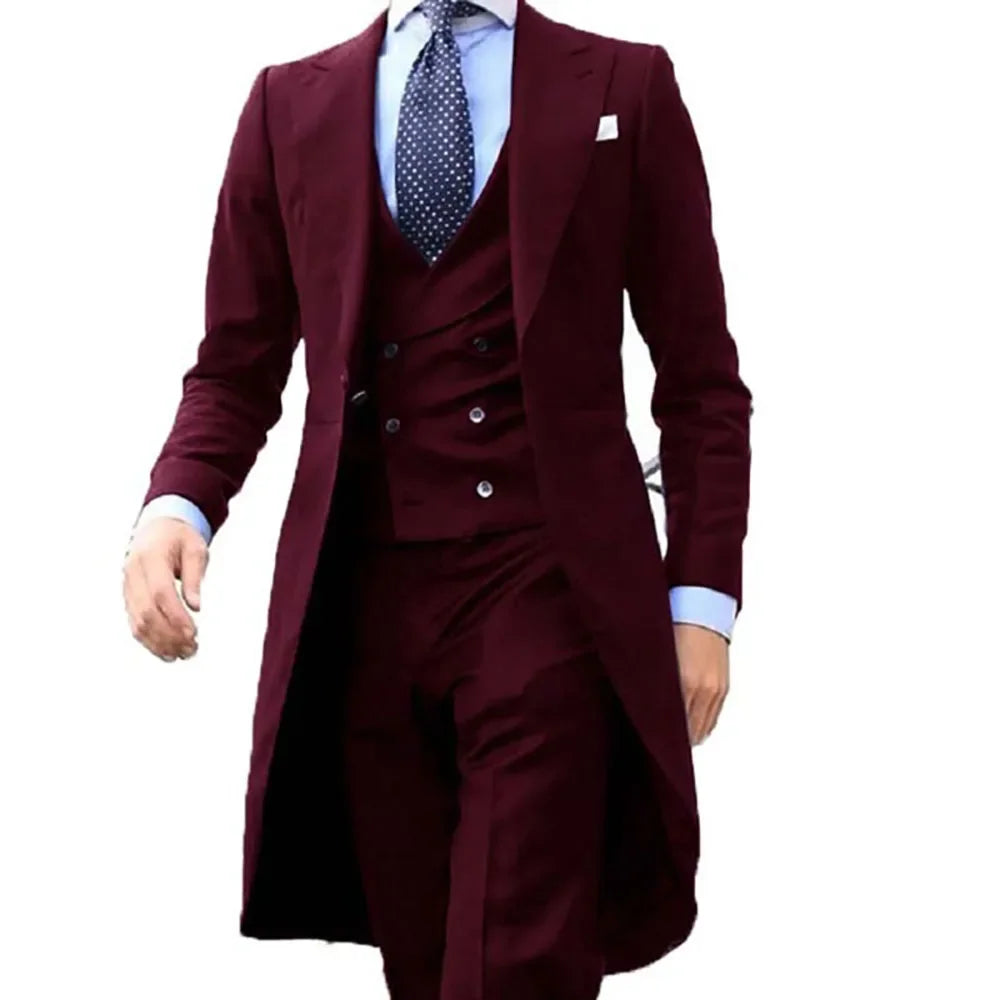 Long Coat Designs Formal Men Suits Gentle Male Set Wedding Tuxedo Prom Blazer Custom Fashion 3 Pieces (Jacket+vest+Pants)