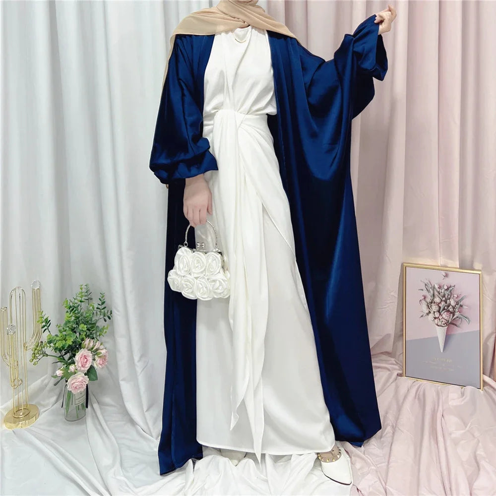 Satin Open Abaya Kimono Femme Musulmane Puff Sleeve Muslim Hijab Dress Islam Abayas for Women Dubai Kaftan Clothing