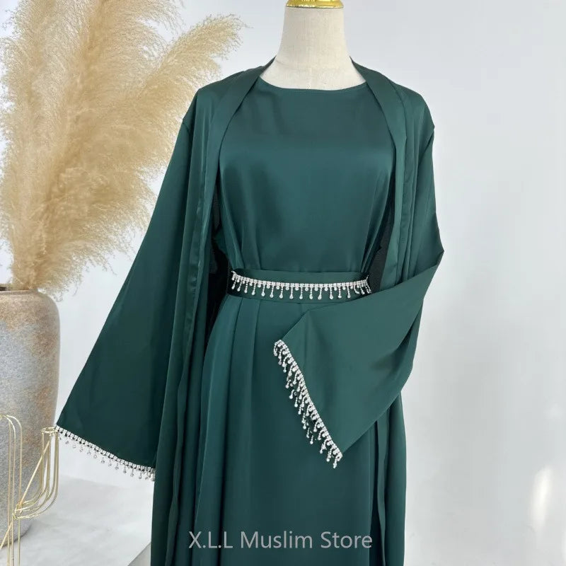 Satin Abaya 2 Pieces Set Solid Color Abayas Beige Simple Kaftan Dubai